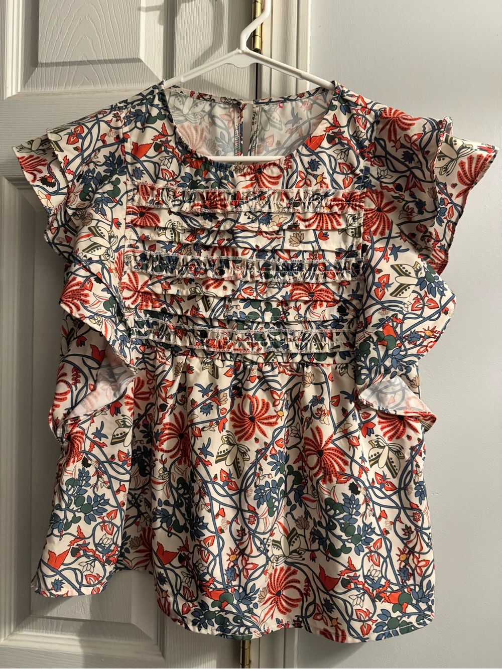 Cream Floral Ruffle Short Sleeve Blouse with Coral & Blue Print